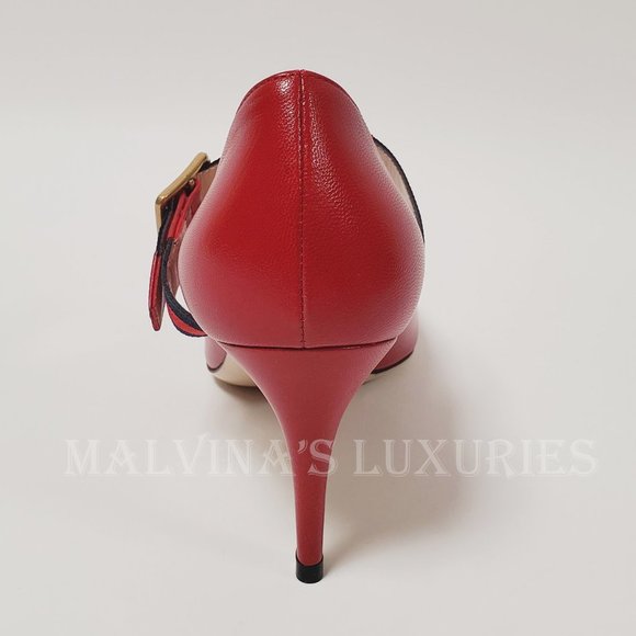 GUCCI SHOES SYLVIE WEB RED LEATHER MARY JANE PUMPS HEELS sz IT 36 US 6 - Picture 9 of 12